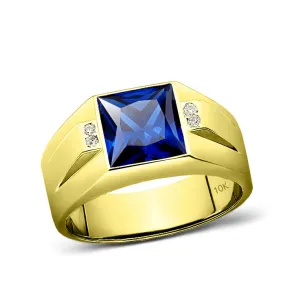 10K Yellow Gold Blue Sapphire Mens Gold Ring 4 Natural Diamond Accents