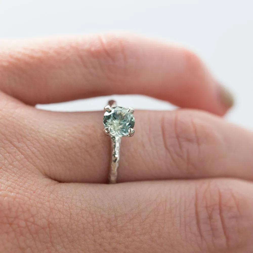 1.34ct Seafoam Green Round Montana Sapphire in 14k White Gold Evergreen Solitaire Engagement Ring