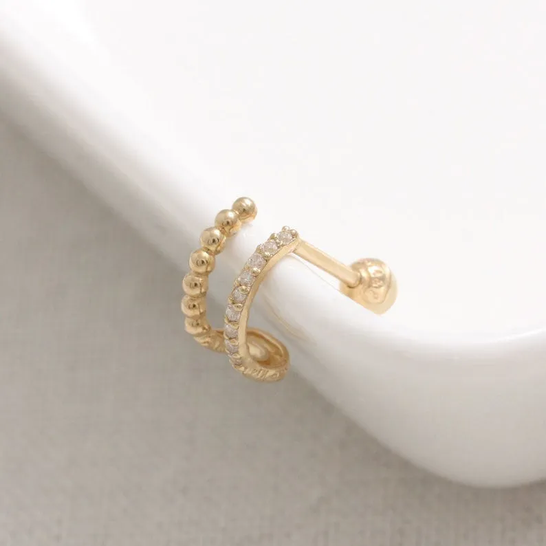 14K 18K Solid Gold CZ Pave Wire & Tiny Ball Ear Hoop Stud Cartilage Tragus Helix Conch Lobe Piercing Earring