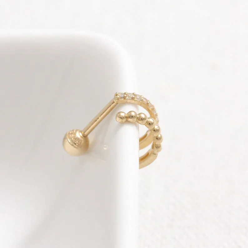 14K 18K Solid Gold CZ Pave Wire & Tiny Ball Ear Hoop Stud Cartilage Tragus Helix Conch Lobe Piercing Earring