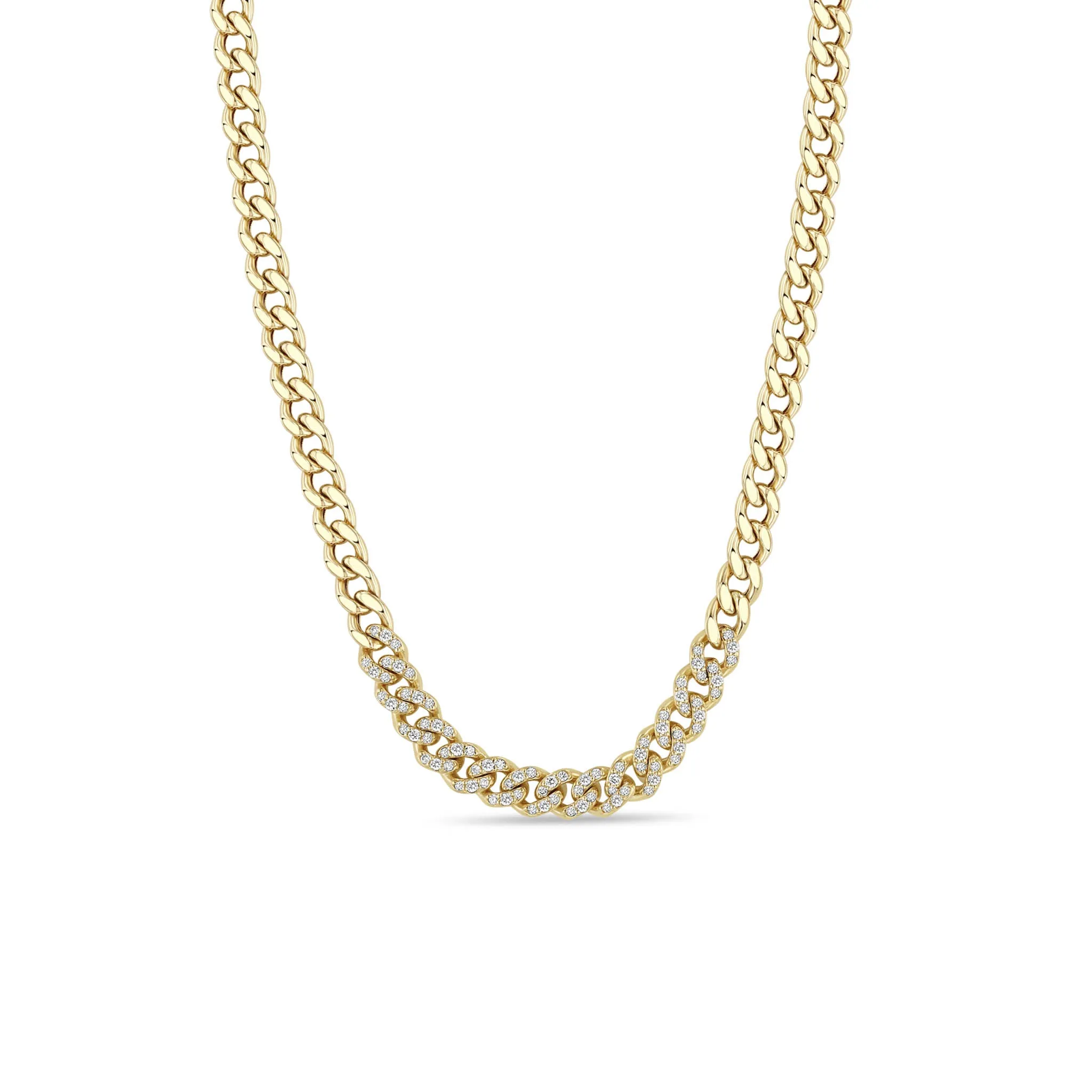 14k Pavé Diamond Segment Medium Curb Chain Necklace