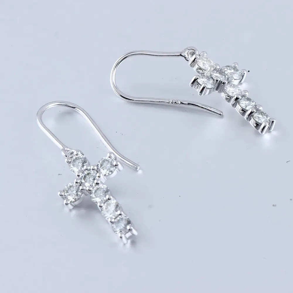 14k White Gold Drop Moissanite Cross Earrings 1.4ctw