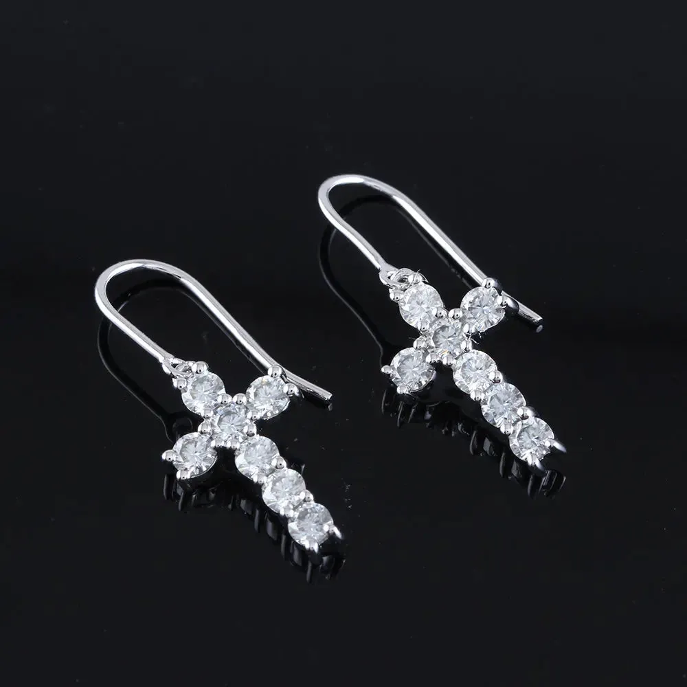 14k White Gold Drop Moissanite Cross Earrings 1.4ctw