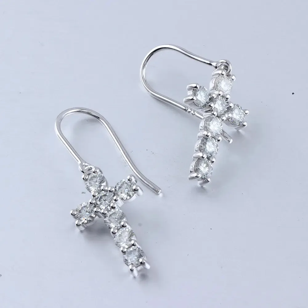 14k White Gold Drop Moissanite Cross Earrings 1.4ctw