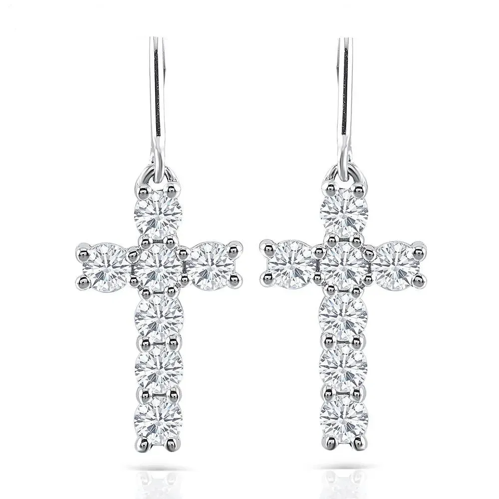 14k White Gold Drop Moissanite Cross Earrings 1.4ctw