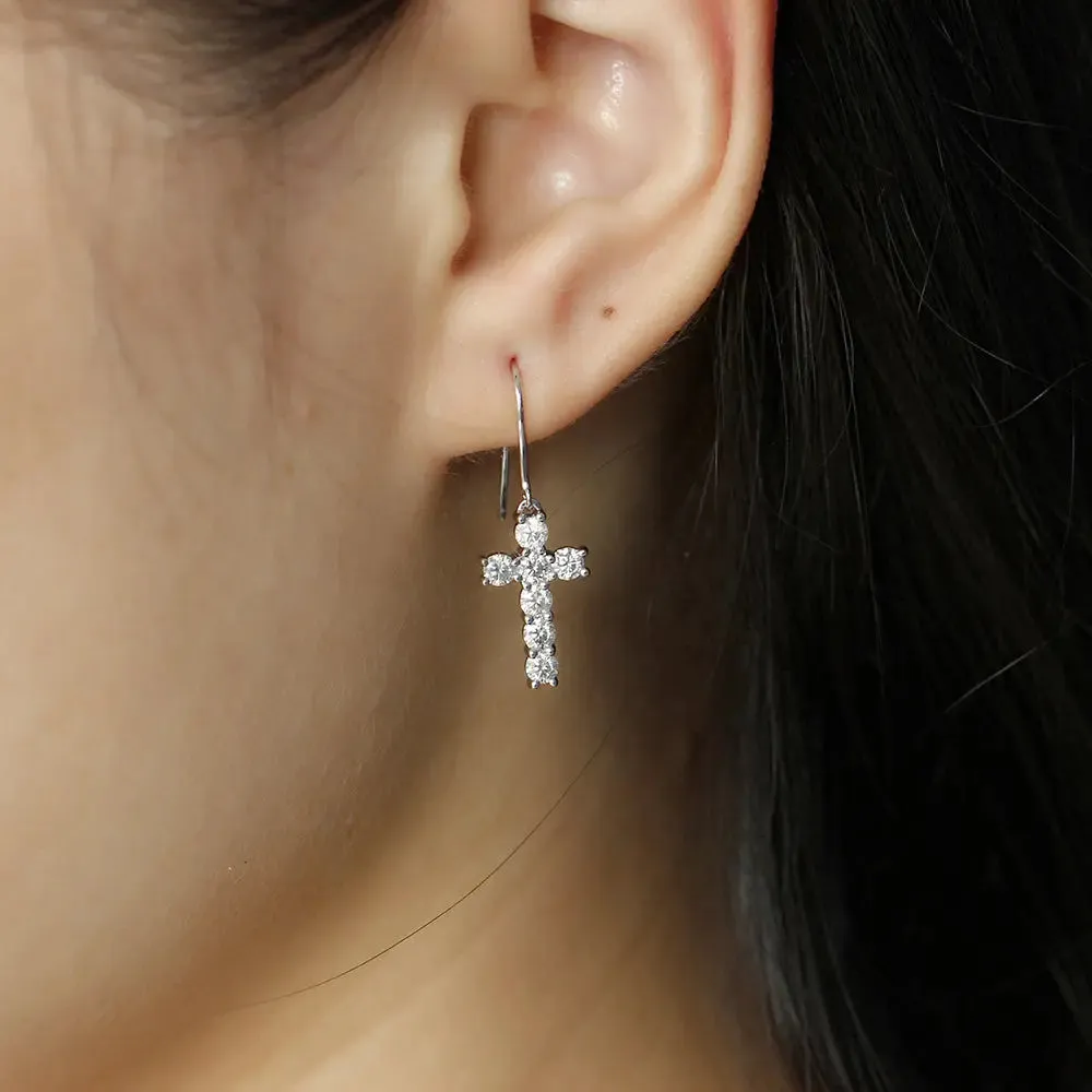 14k White Gold Drop Moissanite Cross Earrings 1.4ctw