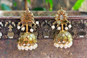 21A077 Gold Plated Glass Jhumka with Pearls