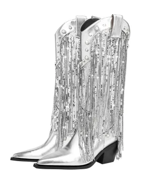 7CM Luxury Silver Fringed Chunky Heel  Boots Vintage Shoes