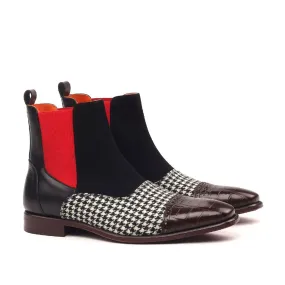 Ambrogio Bespoke Custom Men's Shoes White, Brown, Black & Red Fabric / Crocodile Print / Suede / Full Grain / Calf-Skin Leather Chelsea Boots (AMB1879)