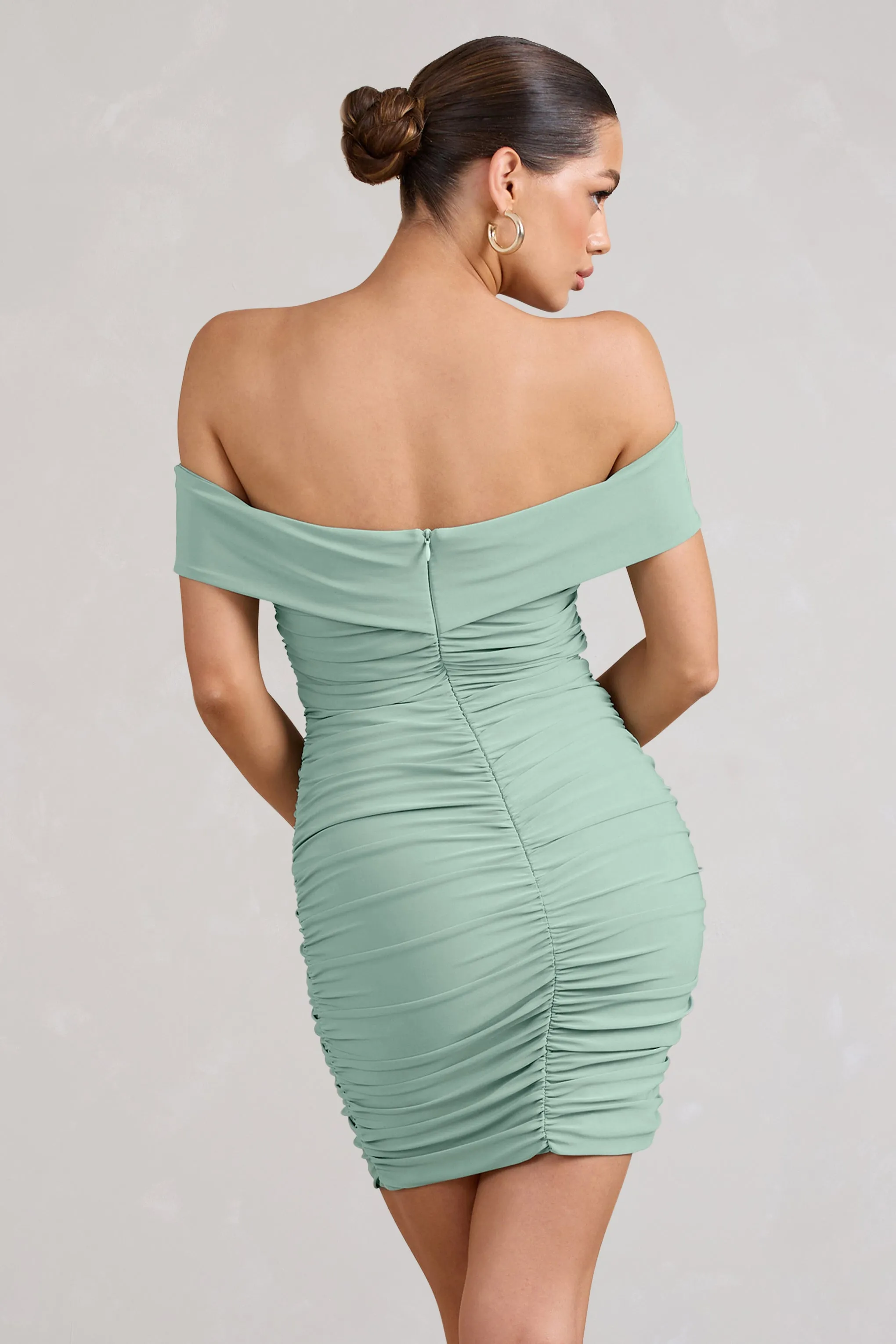 Appreciate | Sage Off The Shoulder Ruched Mini Dress