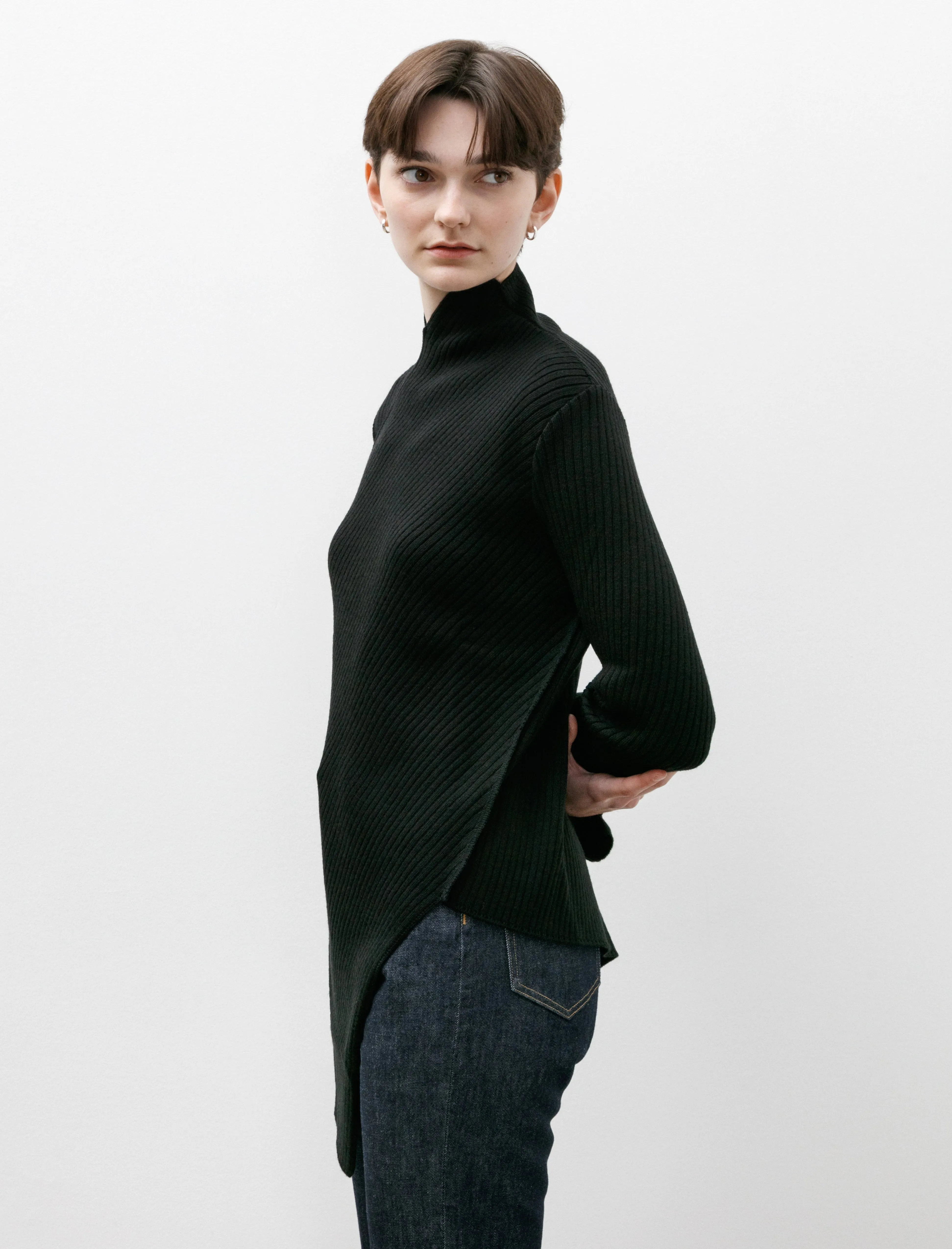 Asymmetrical Rib Knit Mockneck Black