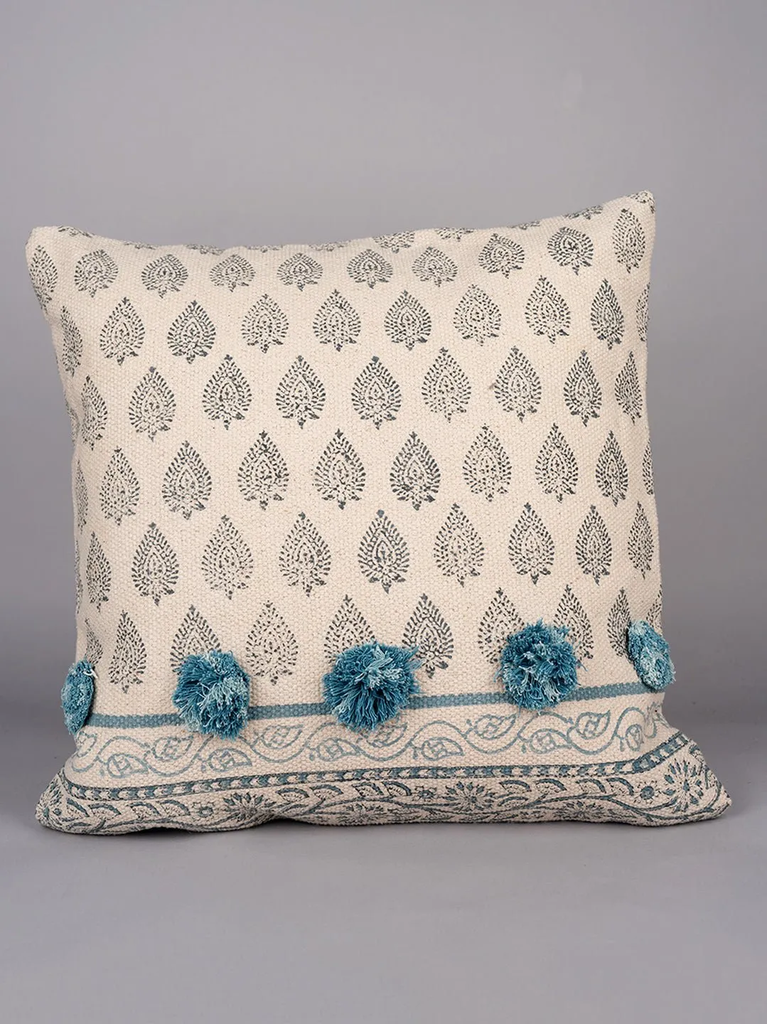 AZURE ELEGANCE - BLOCK PRINTED SQUARE CUSHION COVER