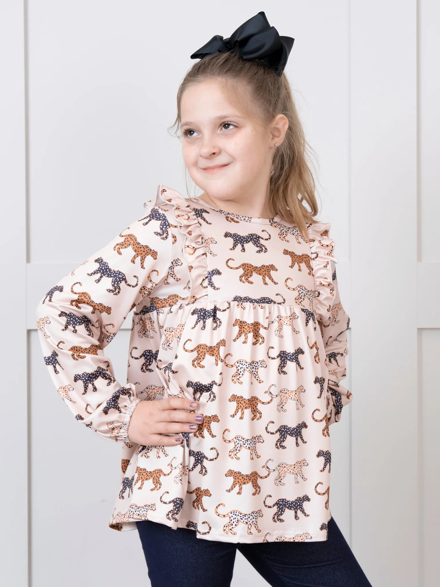 Beige Leap of Leopards Ruffle Swing Shirt