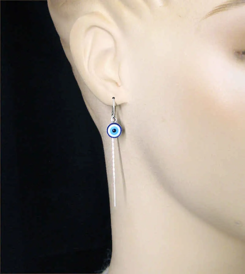 Blue and White Evil Eye Silver Threader Earrings