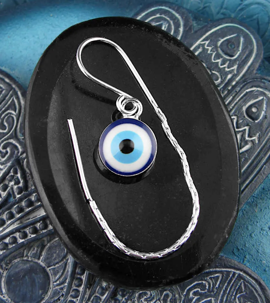 Blue and White Evil Eye Silver Threader Earrings