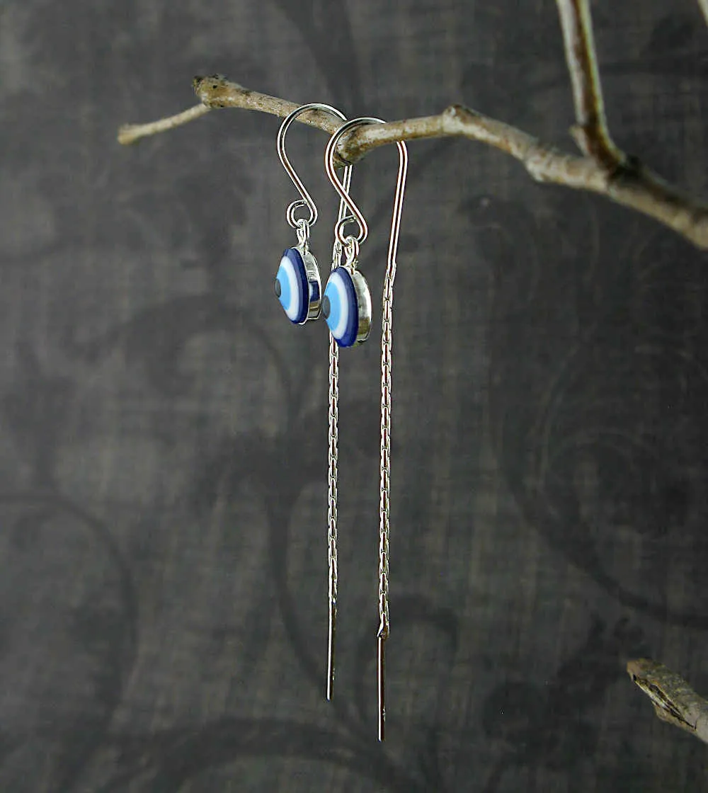 Blue and White Evil Eye Silver Threader Earrings