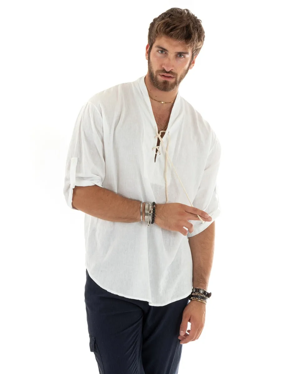 Camicia Uomo Lino Tinta Unita Casacca Manica 3/4 Scollo a V con Lacci Bianco Casual GIOSAL-C2743A