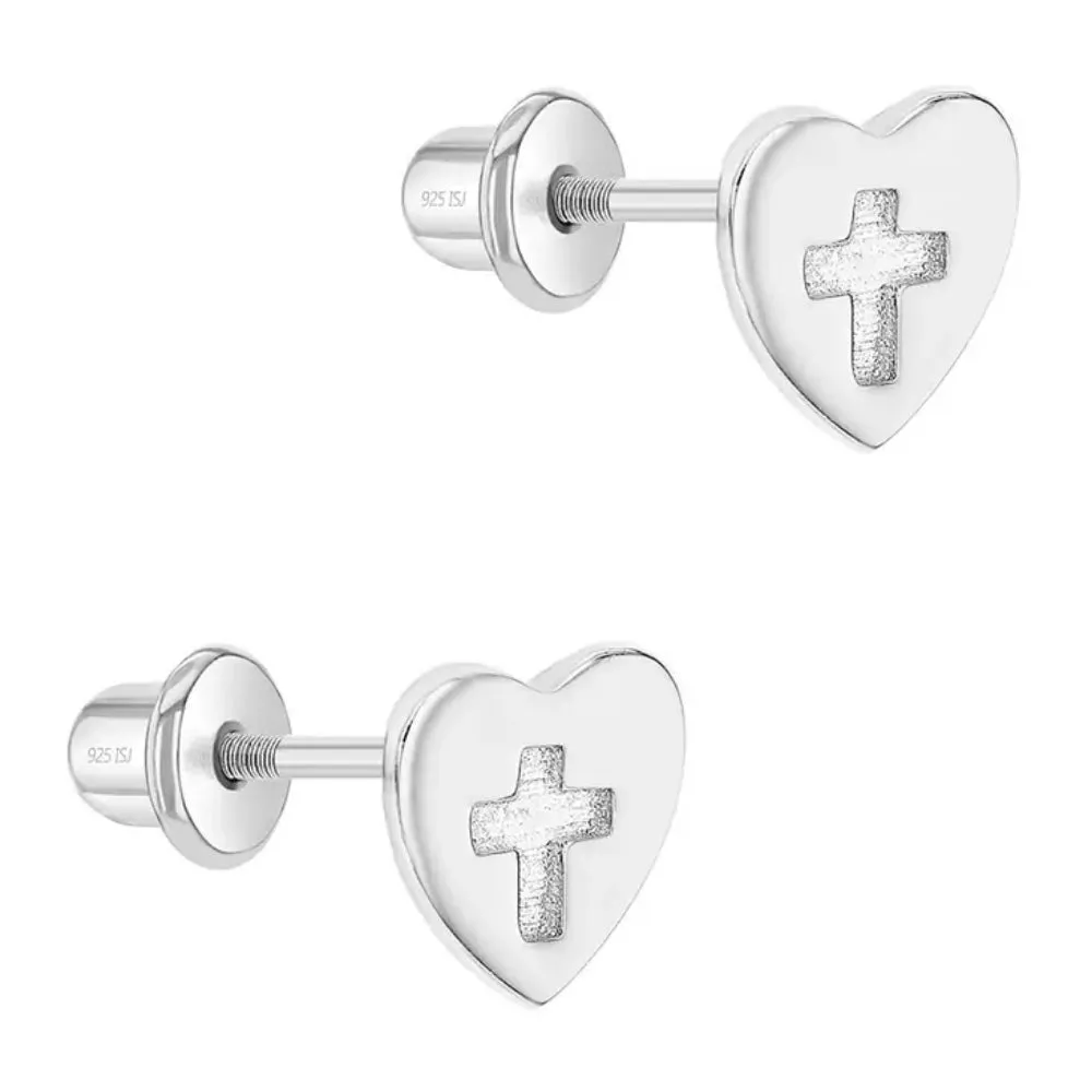 Children's Sterling Silver Heart & Cross Cutout Earrings