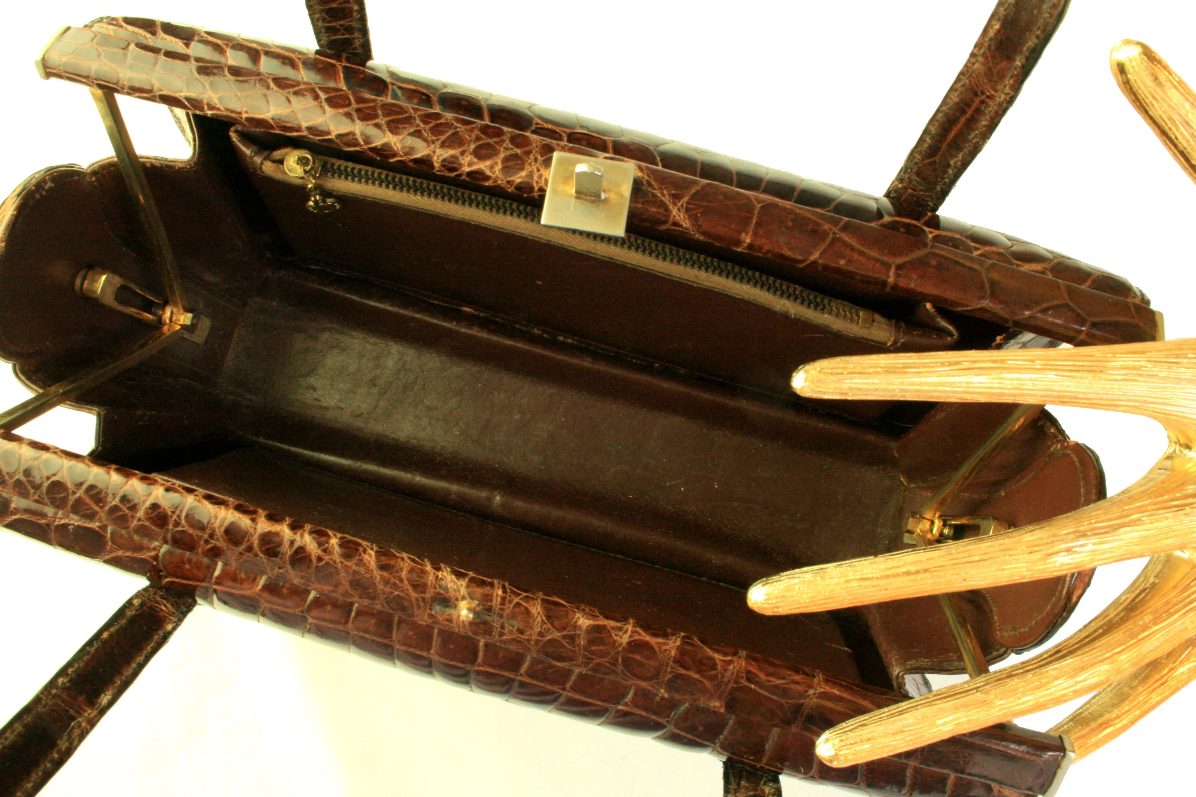 Chocolate brown crocodile skin box purse double handle