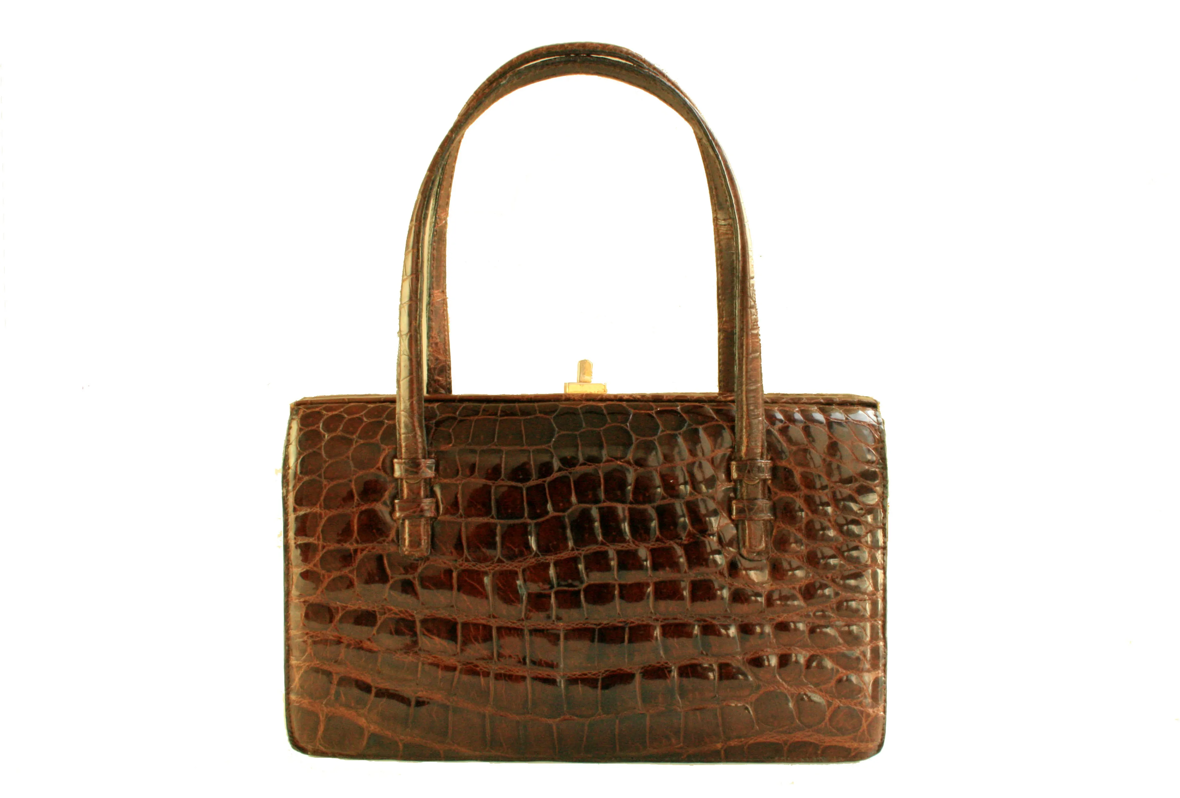 Chocolate brown crocodile skin box purse double handle