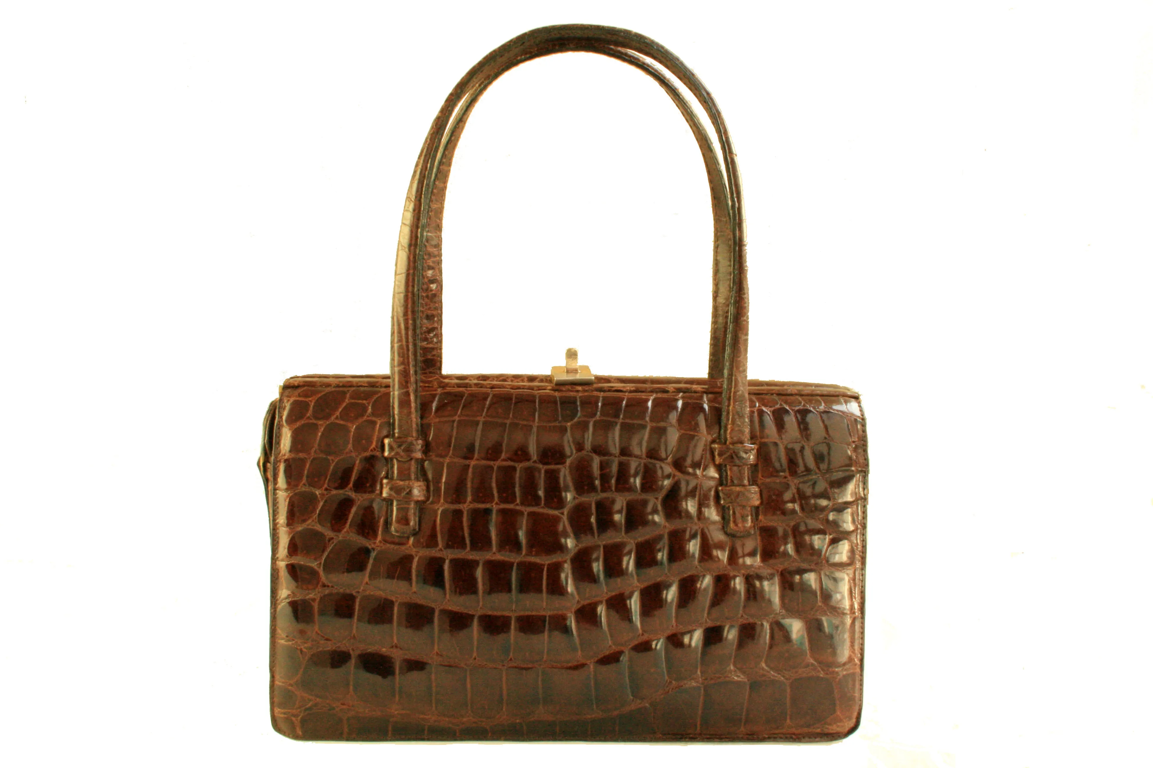 Chocolate brown crocodile skin box purse double handle