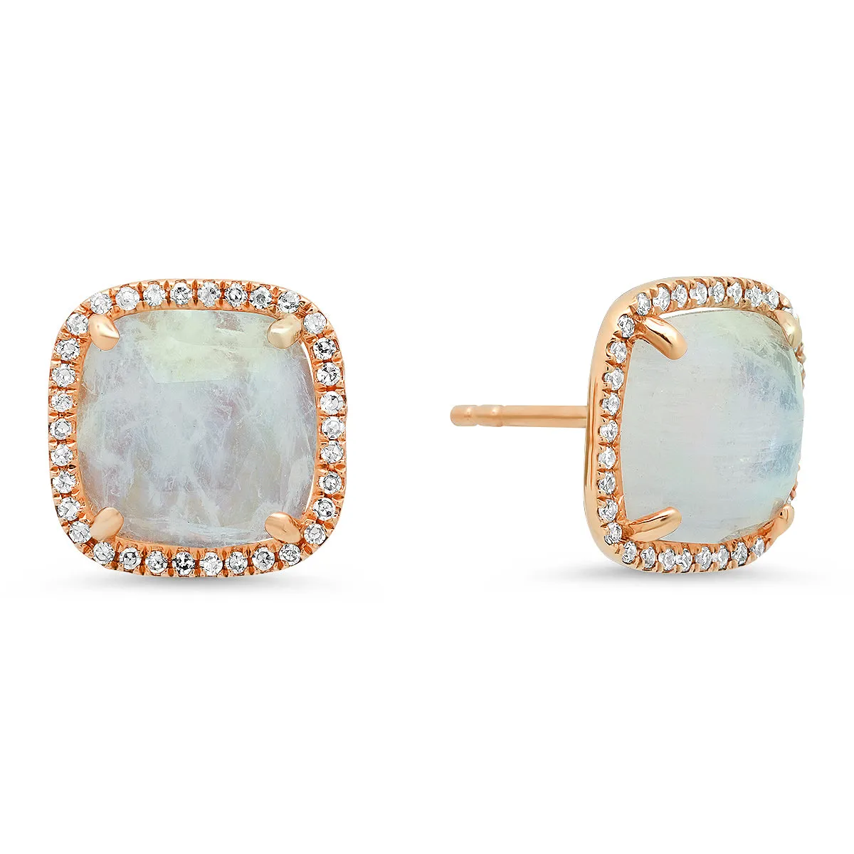 Cushion Cut Moonstone Stud Earrings With Diamond Halo