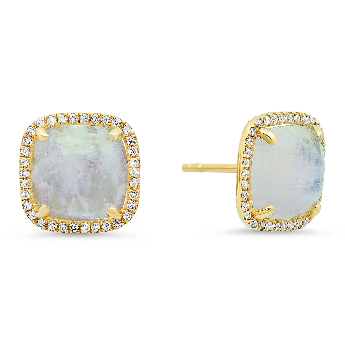 Cushion Cut Moonstone Stud Earrings With Diamond Halo