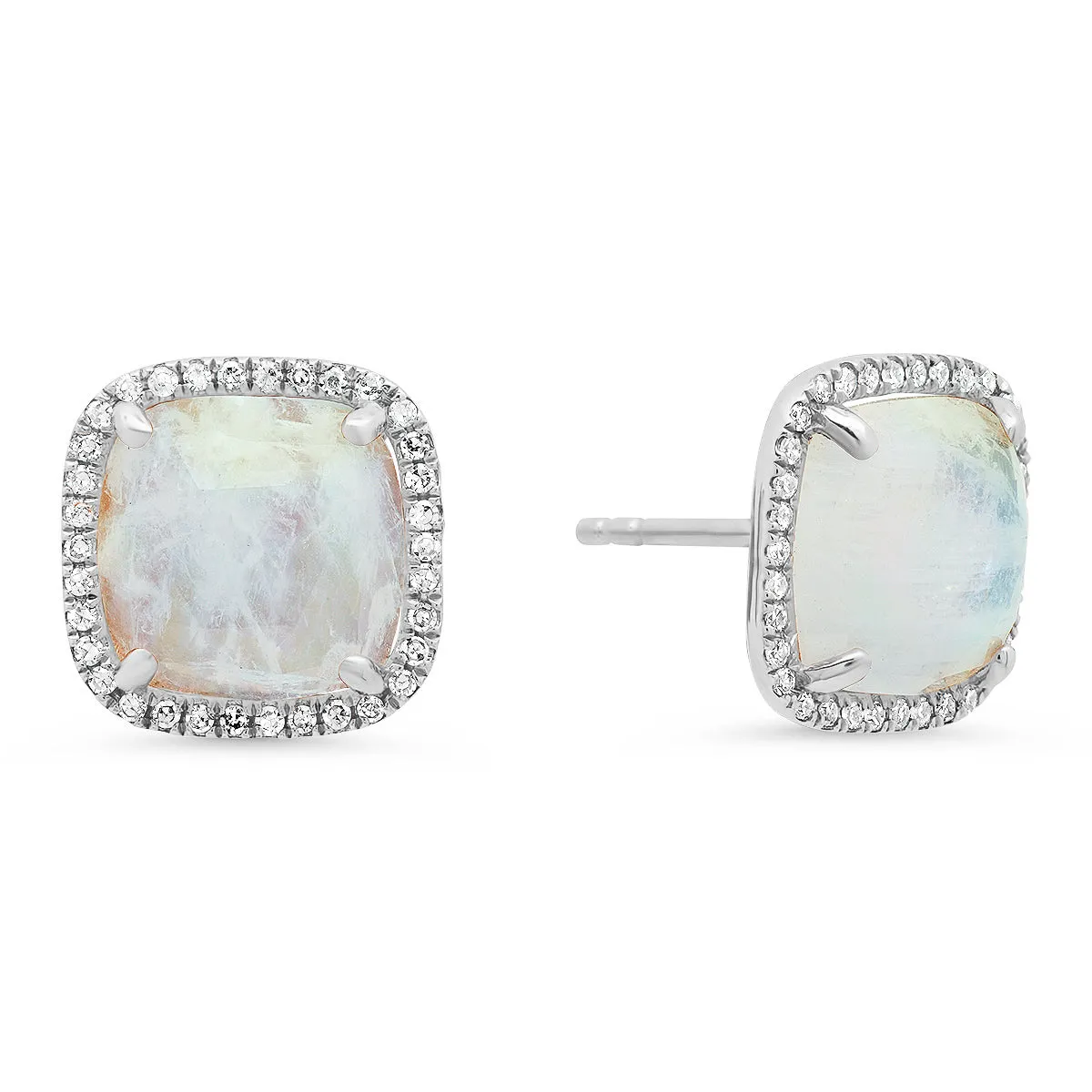 Cushion Cut Moonstone Stud Earrings With Diamond Halo