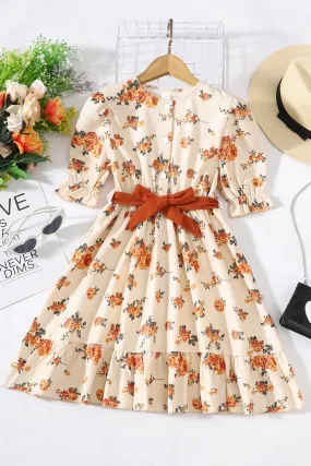 Girls Floral Tied Puff Sleeve Dress