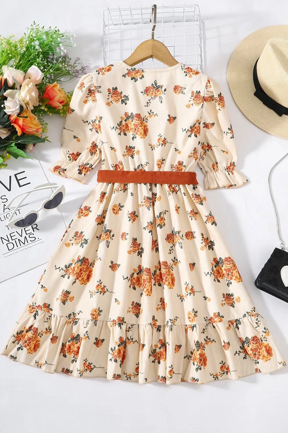 Girls Floral Tied Puff Sleeve Dress