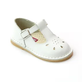 L'Amour Girls White T-Strap Leather Mary Janes