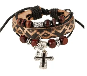 Leopard Print WWJD Ancient Cross Brown Vintage Leather Bracelet