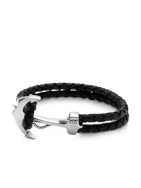 Men's Black Leather Bracelet with Silver Anchor