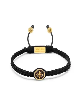 Men's Black String Bracelet with Vintage Gold Fleur De Lis Charm