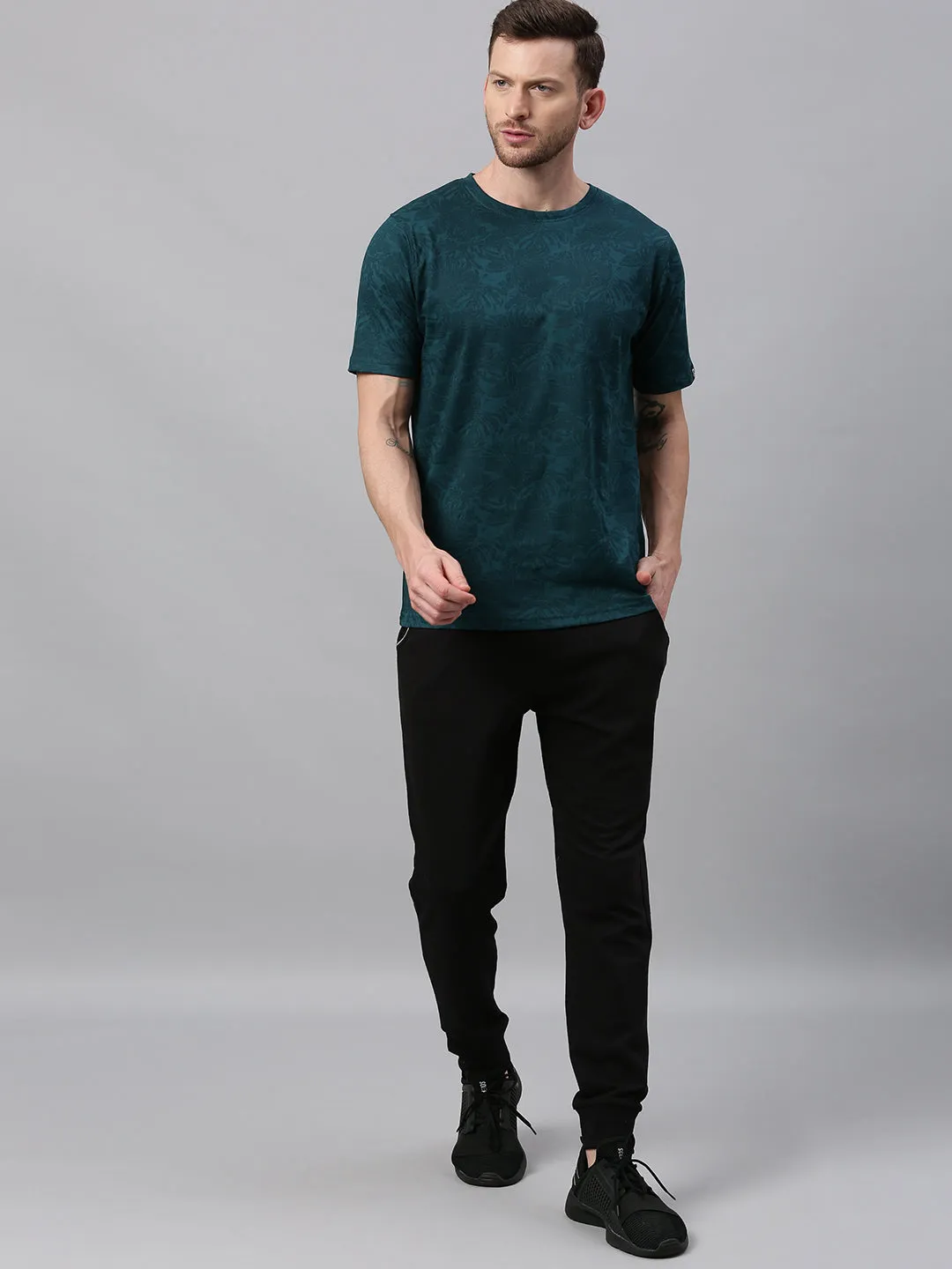 Men's Dark Green Printed Slim Fit Cotton T-Shirt