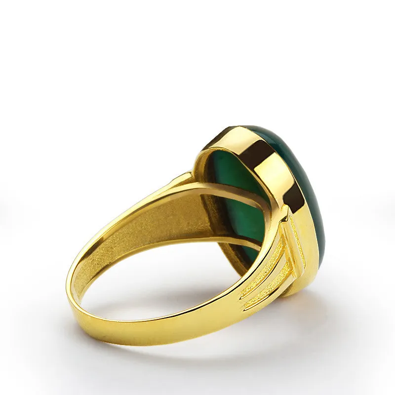 Men's Ring in 10k Yellow Gold with Green Agate Natural Stone