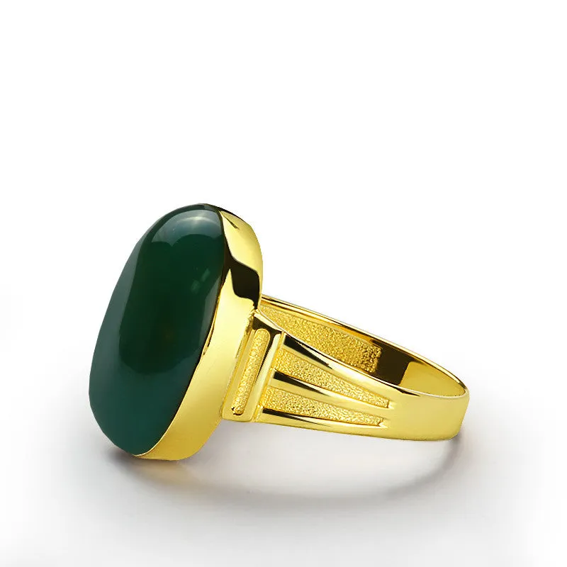 Men's Ring in 10k Yellow Gold with Green Agate Natural Stone