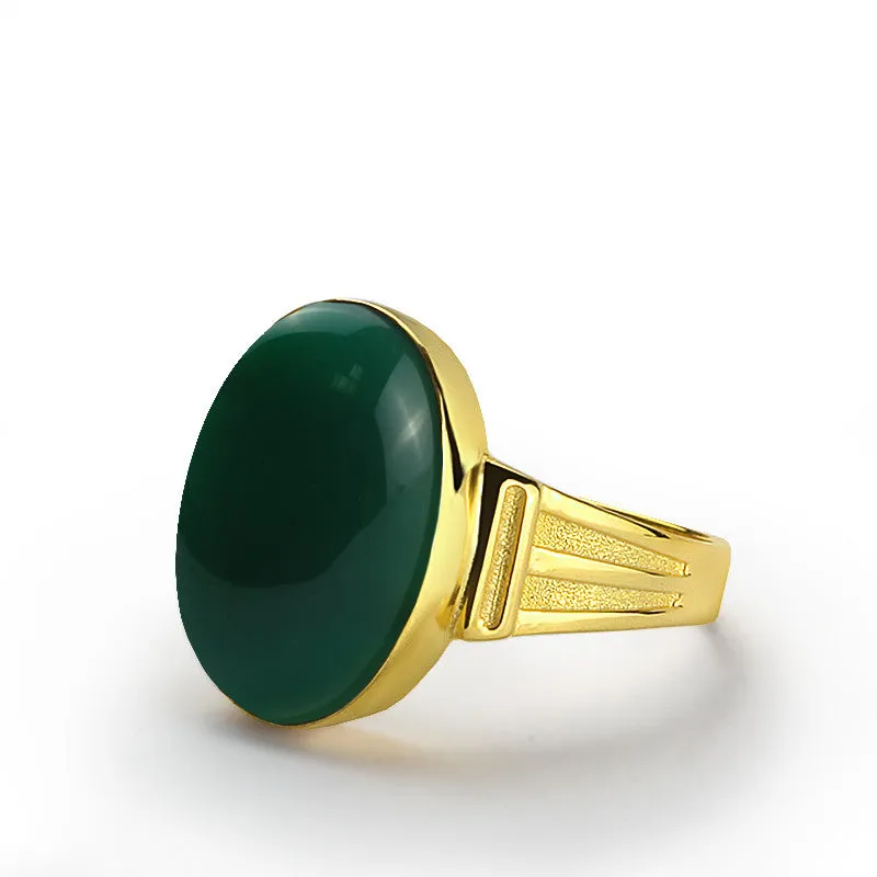 Men's Ring in 10k Yellow Gold with Green Agate Natural Stone