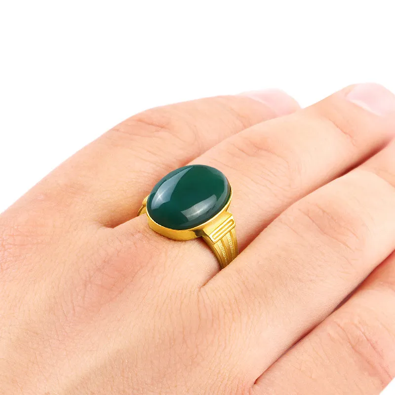 Men's Ring in 10k Yellow Gold with Green Agate Natural Stone