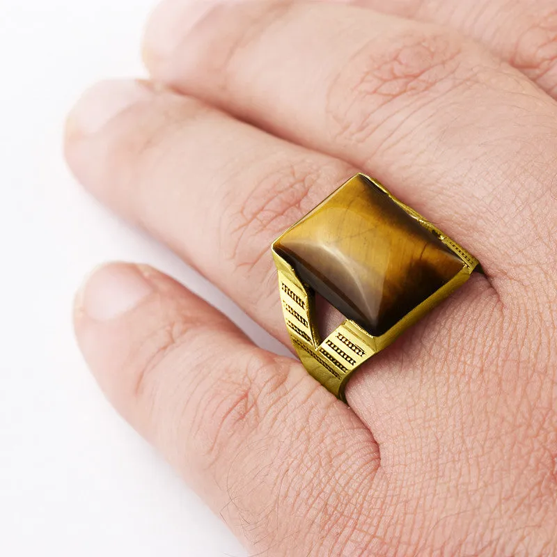 Men's Ring with Natural Brown Tiger's Eye Gemstone in 14k Yellow Gold