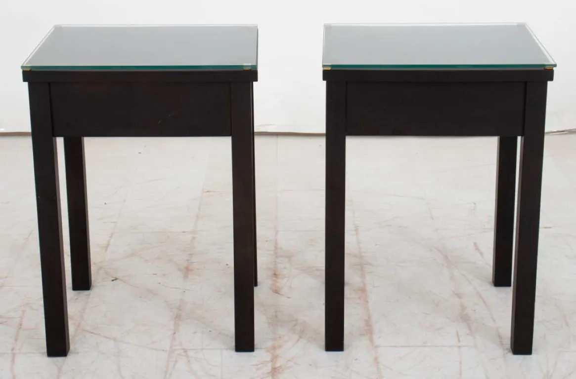 Modern Stained Birch Glass Top Accent Tables, Pair