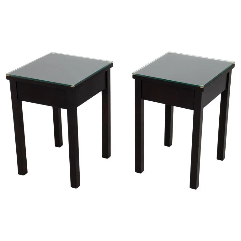 Modern Stained Birch Glass Top Accent Tables, Pair