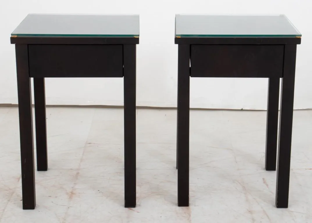 Modern Stained Birch Glass Top Accent Tables, Pair