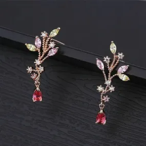 Multicolor CZ Crystals Rose Gold Branch Water Drop Earrings