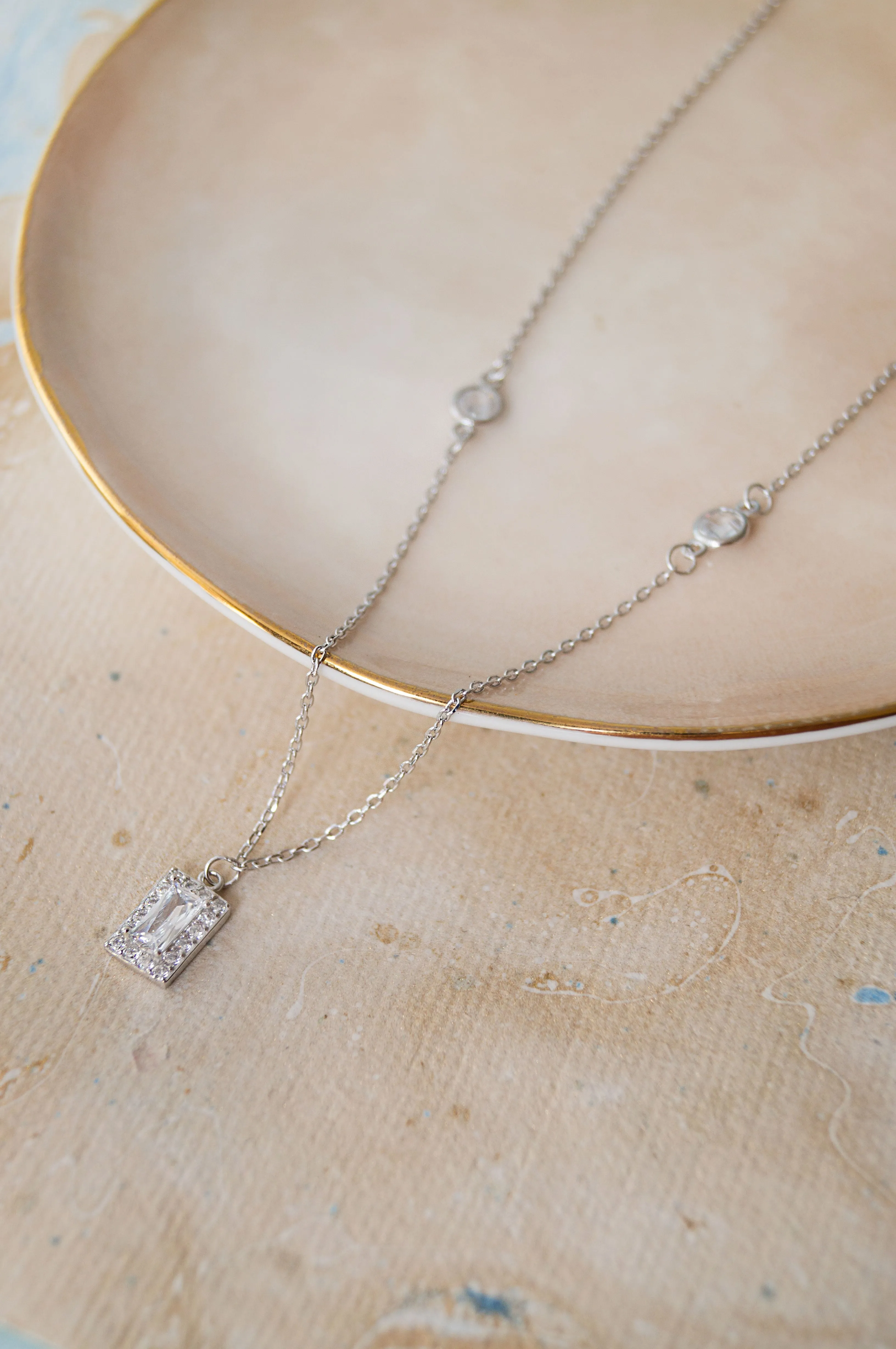 Mysterical Rectangle Solitaire Sterling Silver Chain Necklace