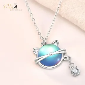 Natural Round Moonstone Kitty-Face Necklace with Hanging CZ, in Solid 925 Sterling Silver (Rhodium Plated)