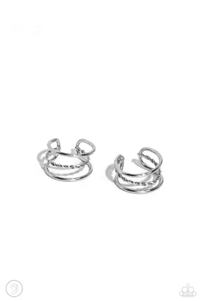 Paparazzi Textured Triumph Silver Ear Cuff Post Earrings