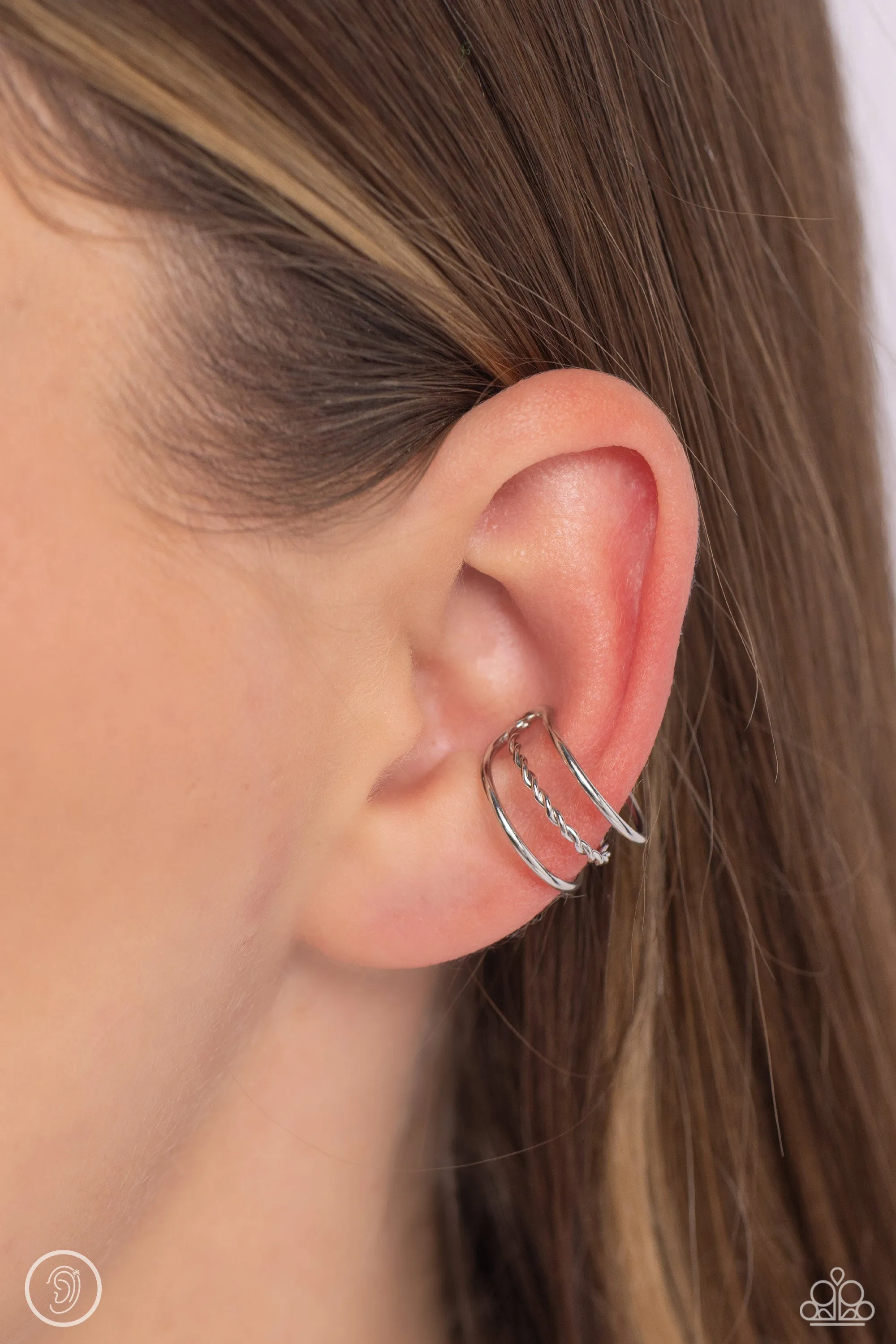 Paparazzi Textured Triumph Silver Ear Cuff Post Earrings