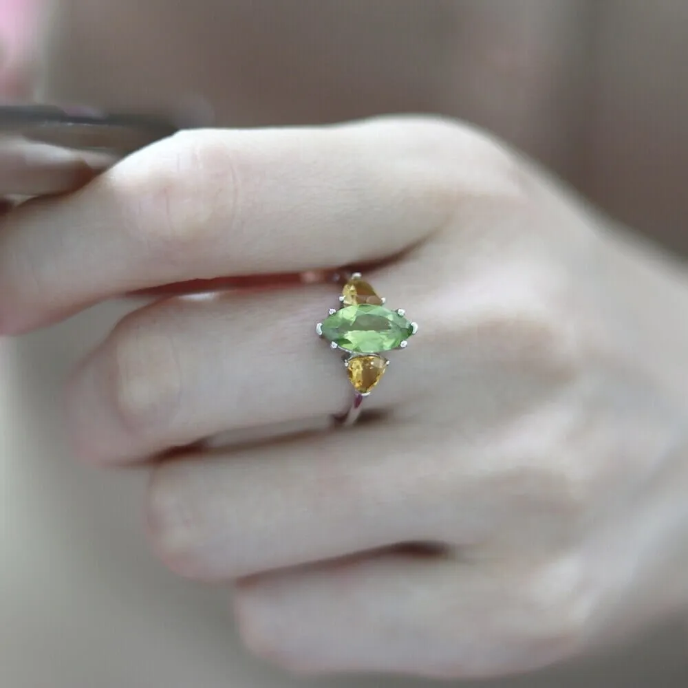 Peridot and Citrine Stone Retro Style 925 Sterling Silver Ring