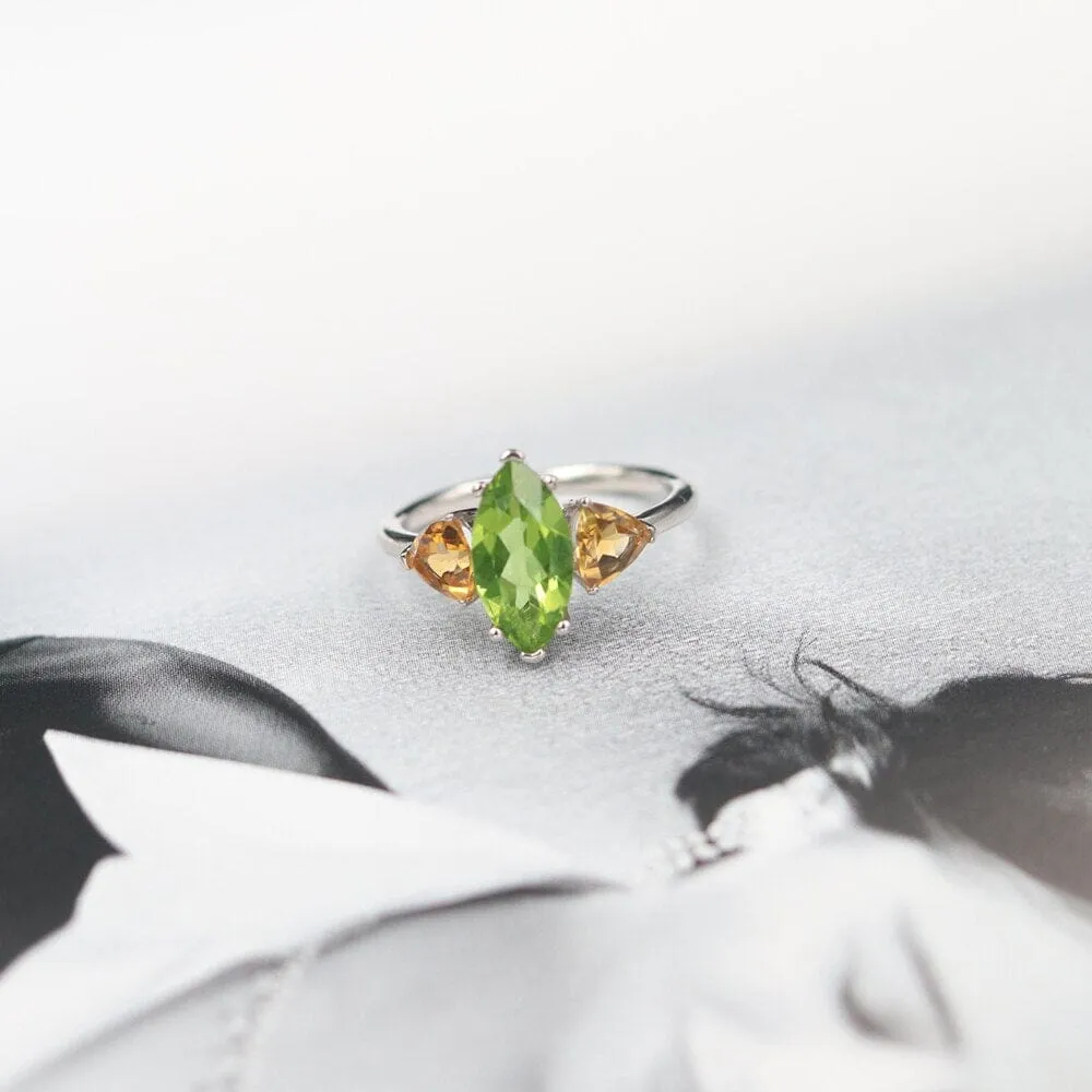 Peridot and Citrine Stone Retro Style 925 Sterling Silver Ring